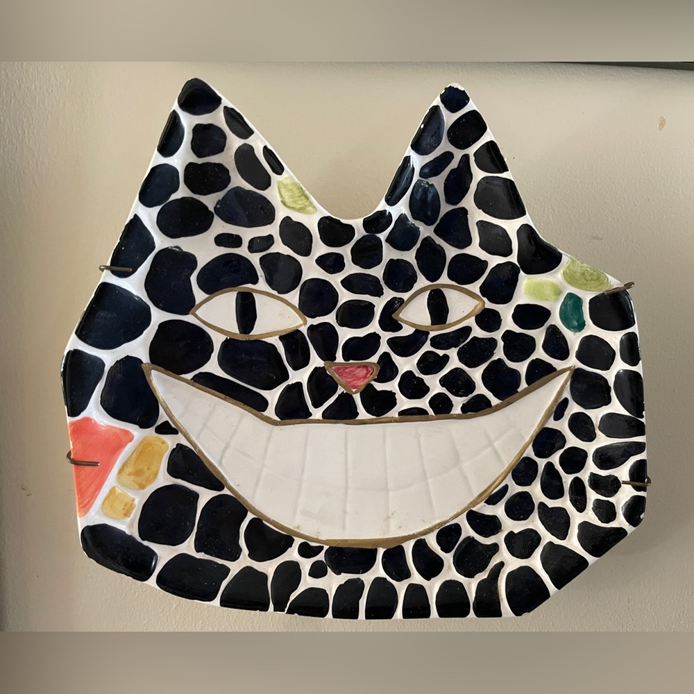 Vtg Mosaic black cat Plate with hanging hardware Decorative Halloween